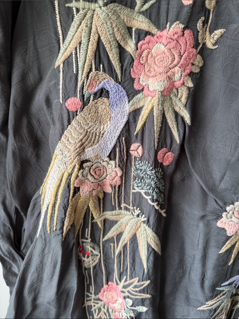 Johnny Was Gray Embroidered Midi Dress floral and bird accents lined pockets M - Picture 2 of 9